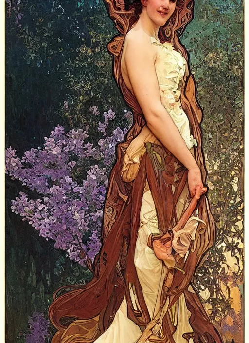 Prompt: oil painting highly detailed art nouveau jennifer connelly waving hello, classic age : alphonse mucha