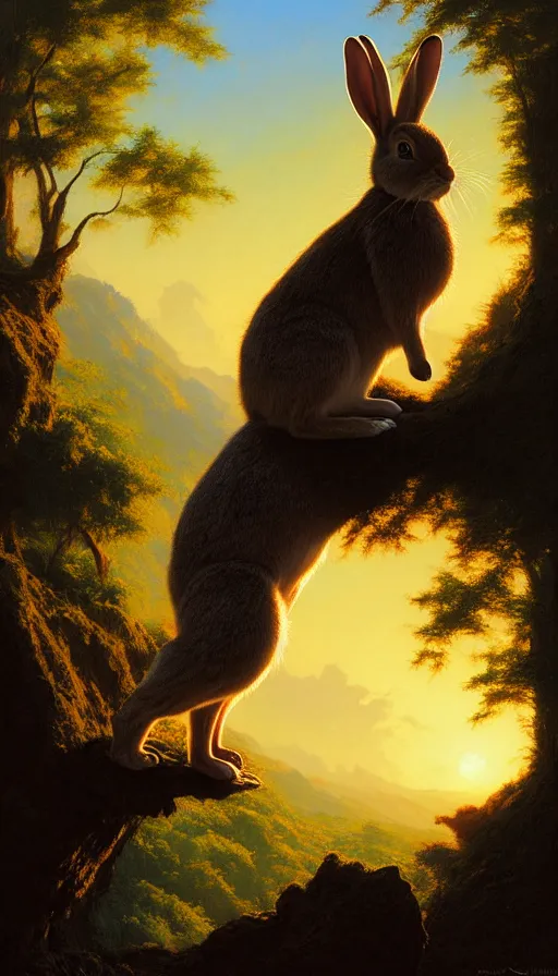 Image similar to hyper realistic rabbit looking off of a cliff, sun setting behind rabbit silhouette, lush forest in valley below, painted by craig mullins, j. c. leyendecker 8 k