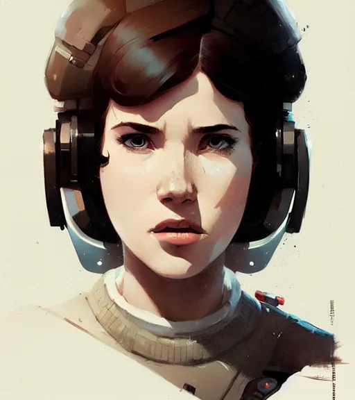 Image similar to portrait of a female han solo by atey ghailan, by greg rutkowski, by greg tocchini, by james gilleard, by joe fenton, by kaethe butcher, dynamic lighting, gradient light blue, brown, blonde cream and white color scheme, grunge aesthetic