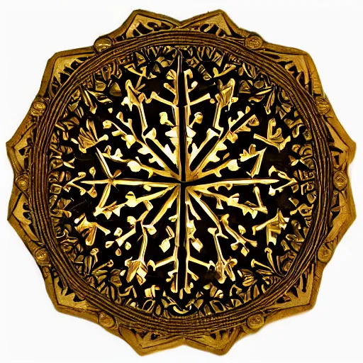 Prompt: ornate engraved carving of a snowflake on a gold panel