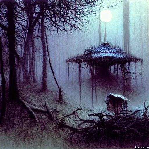 Prompt: shabby hut in a dark forest by Luis Royo and Beksinski