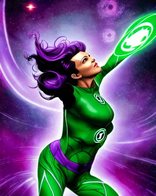 Image similar to photos of a real life soranik natu soaring thru outer space as a Green Lantern beautiful, photogenic, purple skin, short black pixie like hair, photorealistic, cinematic