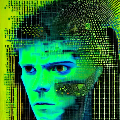 Prompt: hyperrealistic portrait of a cyberpunk teenager, male, short hair, confident, cybernetics, immersed within a glitch network, by Guy Denning, Metzinger, Russ Mills, glitch art, hyper focus, fine detail, fined detail, polished, complex, hacking effects, digital tech effects, chromatic, color blocking!, green, realistic, acrylic on canvas, concept art, abstract, trending on cgsociety, trending on artstation