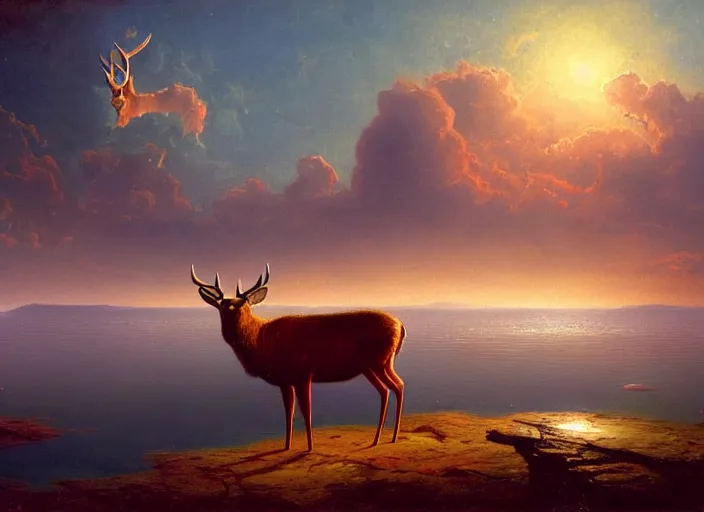 Prompt: a red deer swims in the lake of an alien planet, digital art, soft, detailed, artstation, clouds, blue, deviant art, by church, frederic edwin, by edlin, tyler