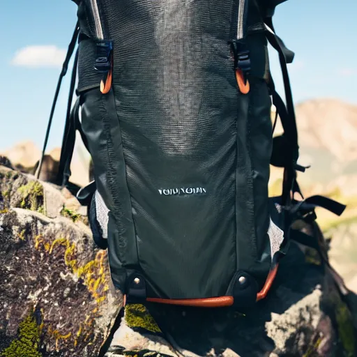 Image similar to a hiking backpack designed by louis Vuitton. Product photography.