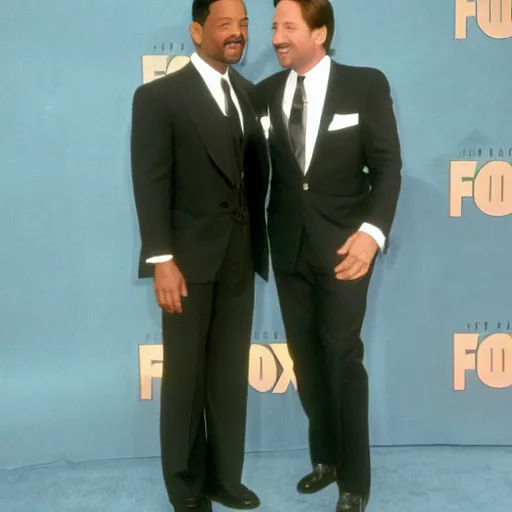 Image similar to fox mulder posing with will smith at an awards show red carpet