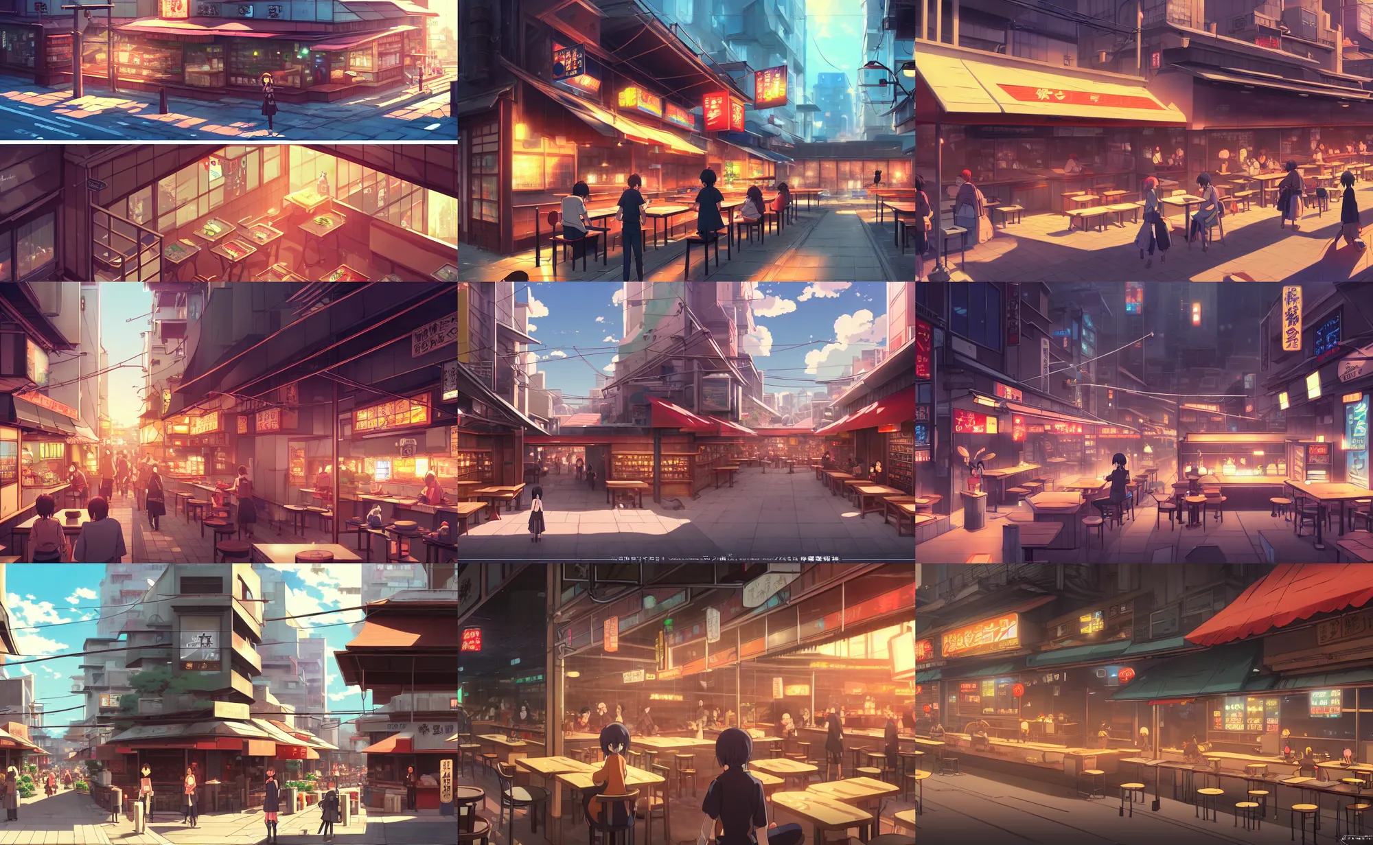 Prompt: an anime movie background matte painting of a ramen restaurant in a modern city | | by makoto shinkai, trending on artstation, highly detailed