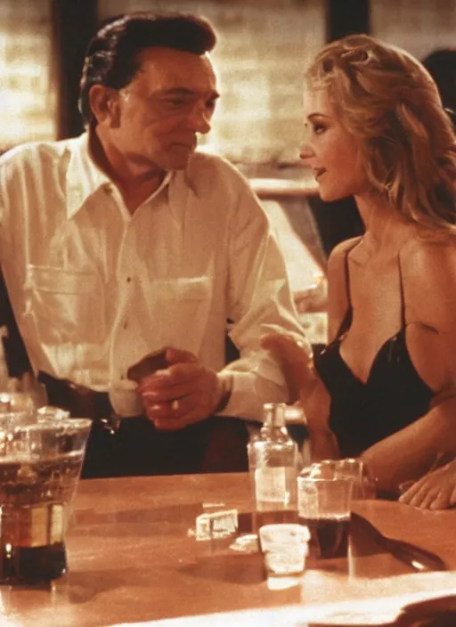 Image similar to a close - up, color cinema film still of a johnny cash talking to a beautiful hooters woman drinking whiskey at a hooters, ambient lighting at night.