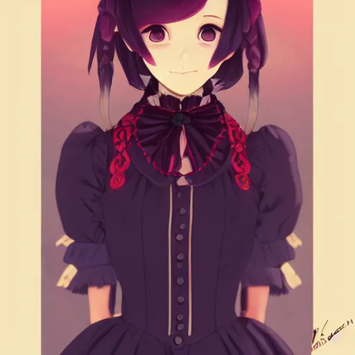 Image similar to wearing full clothing in full clothing victorian dress, beautiful anime woman, purple hair, red eyes, weapon, steampunk, symmetrical face, symmetrical eyes, full round face, short smile, detailed, winter setting, cinematic lighting, medium shot, mid - shot, makoto shinkai, artgerm, ilya kuvshinov, loish