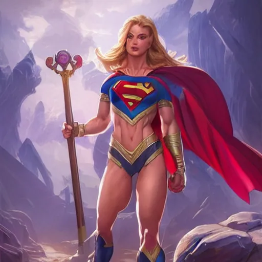 Image similar to muscular supergirl, deep focus, d & d, fantasy, intricate, elegant bikini, highly detailed, digital painting, artstation, concept art, matte, sharp focus, illustration, hearthstone, art by artgerm and greg rutkowski and alphonse mucha