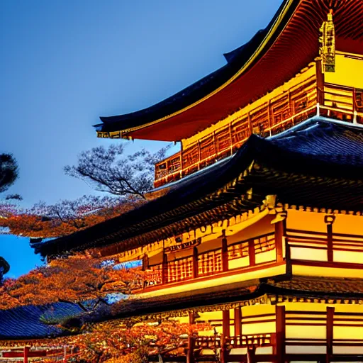 Prompt: golden pavilion in kyoto photographed from above, 8k, hdr, warm lighting