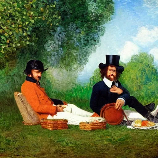 Image similar to napoleon and bob ross having picnic by monet