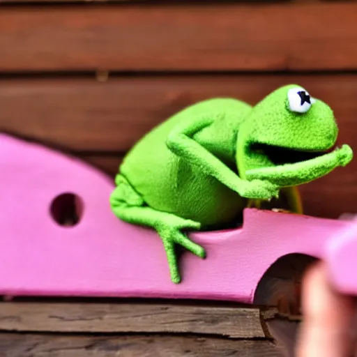 Image similar to DSLR photo of Kermit the Frog riding a pig
