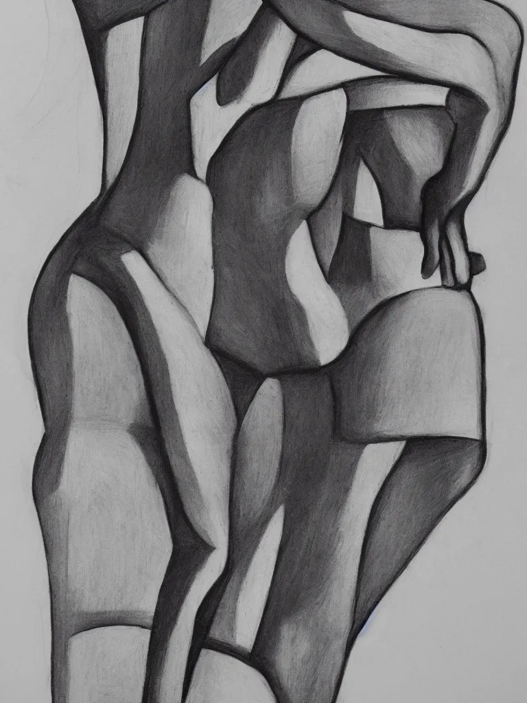 Image similar to geometric shape blocking of woman figure, detailed, charcoal on paper, high contrast