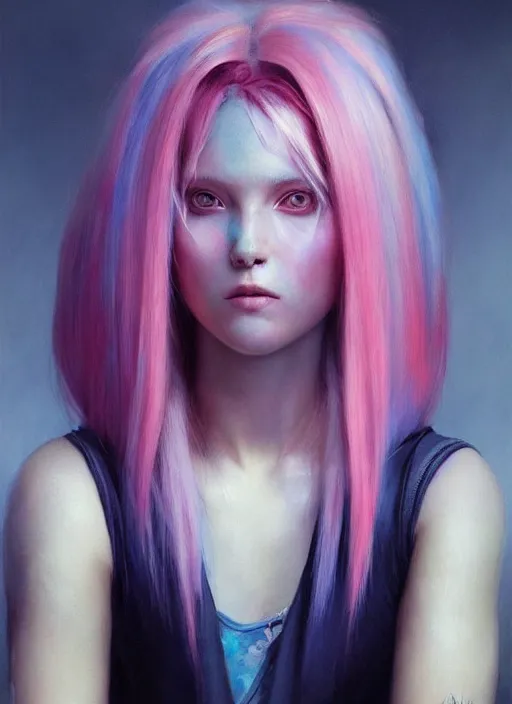 Prompt: girl with unkempt blue and pink hair, beautiful highly detailed face, complementary lighting, backlit, eyeshadow, divine, beautiful painting by artgerm and greg rutkowski and raymond swanland