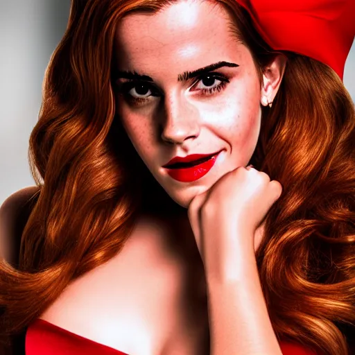 Image similar to Emma Watson as Jessica Rabbit, (Sony a7R IV, symmetric balance, polarizing filter, dynamic range, HDR, staggered depth)