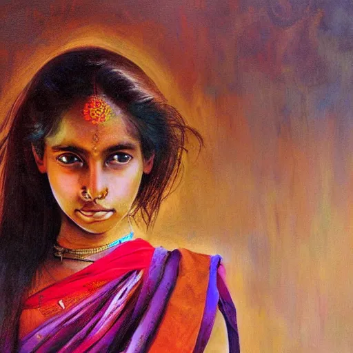 Image similar to stunning, breathtaking, awe - inspiring award - winning concept art portrait painting by steve mccurry of a beautiful young hindu woman with short, wavy hair, wearing a colorful sari