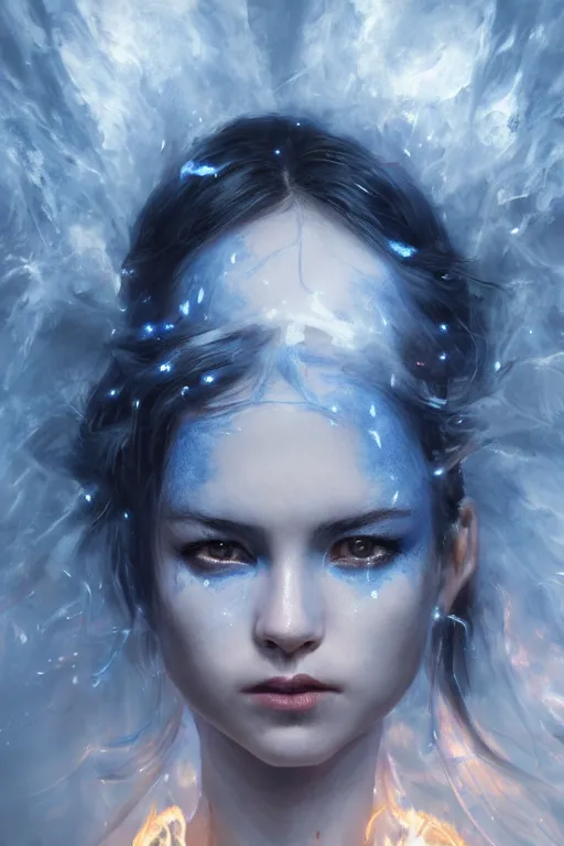 Image similar to a beautiful portrait of a young Demon women covered in blue and white flames with an intense look on her face by Greg Rutkowski, Sung Choi, Mitchell Mohrhauser, Maciej Kuciara, Johnson Ting, Maxim Verehin, Peter Konig, Bloodborne , 8k photorealistic, cinematic lighting, HD, high details, atmospheric , trending on artstation