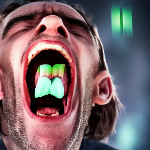 Image similar to stock photo of a man screaming Amongus, people laughing in background, 4k, full image, realistic