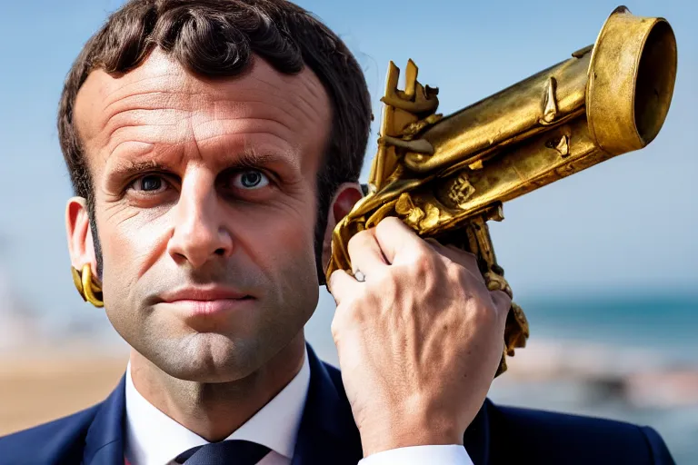 Prompt: closeup portrait of emmanuel macron dressed as napoleon firing cannons on the beach england, natural light, sharp, detailed face, magazine, press, photo, steve mccurry, david lazar, canon, nikon, focus