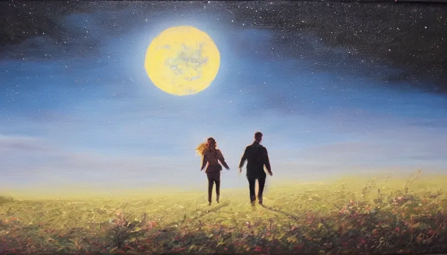 Prompt: oil painting, happy lovers leaving together, she is carressing him, walking towards the full moon, cinematic lighting, wow, establishing shot