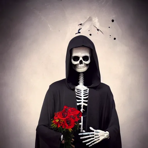 Image similar to cinematic shot epic portrait skeleton wearing a dark robe holding flowers with a tear falling, hyper realistic, mood lighting, fantasy, detailed face, highly detailed, super realistic, perfect lighting