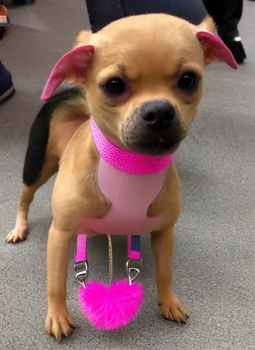 Image similar to fully grown tan pit bull, long - haired chihuahua, pomeranian mix, wearing a pink harness