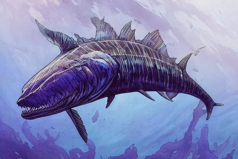 Image similar to an ichthyosaurus swimming among fish in a deep purple and blue ocean of evil intent, water color, art by artgerm and greg rutkowski and alphonse mucha and jin xiaodi and anthony devine