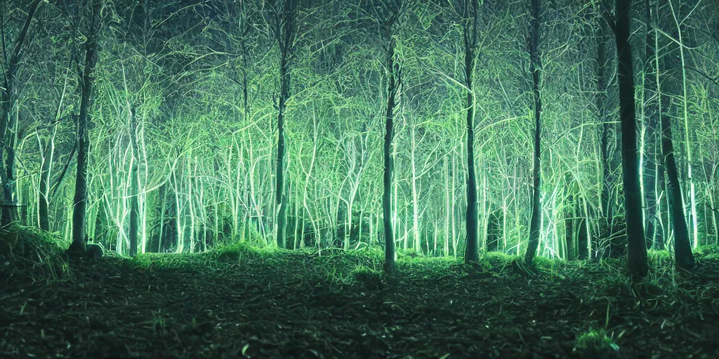 Image similar to soft bioluminescent forest at night. deep blacks. color adjusted. 4 k cinematic cg weta weta weta lut balanced perfect lighting colorgraded