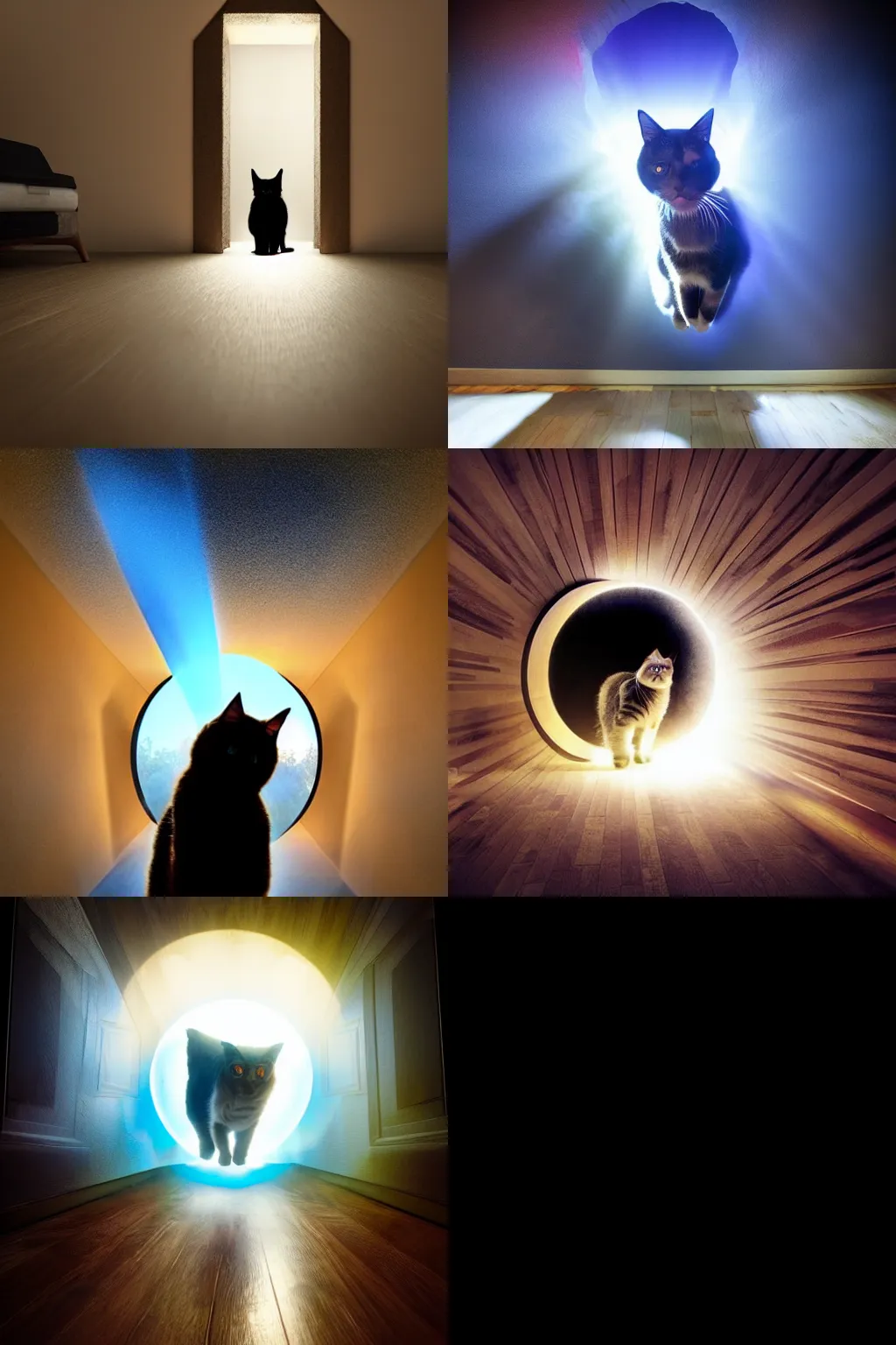 Prompt: Cat opening a giant portal into another dimension in the living room, gorgeous volumetric lighting, epic composition,