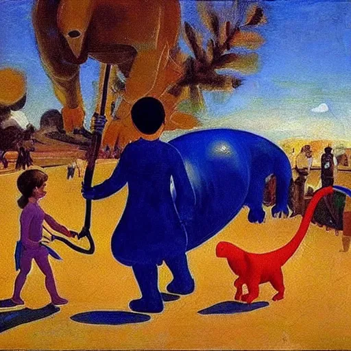 Prompt: a kid at the park walking a dinosaur with a leash, renaissance oil painting by Yves Klein and Judson Huss and Natalia Goncharova, artstation