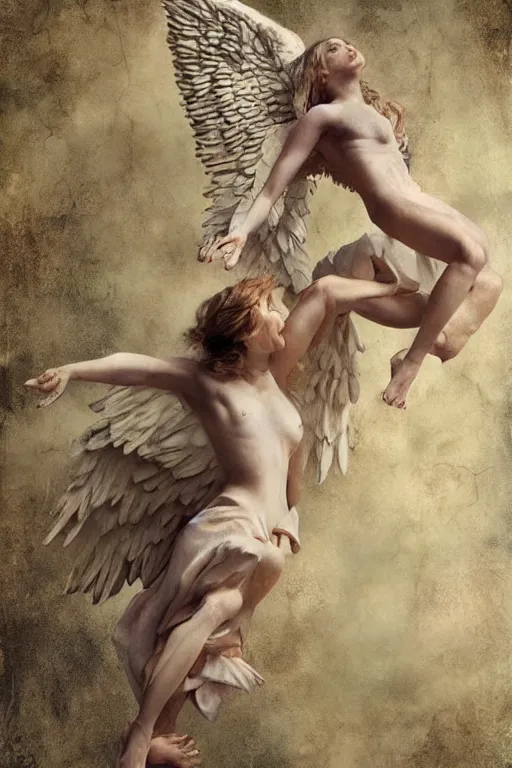 Image similar to angel falling to human market, very high resolution images, very details, very realistic, hyperrealistic, art by yulia iosilzon, and simone graci