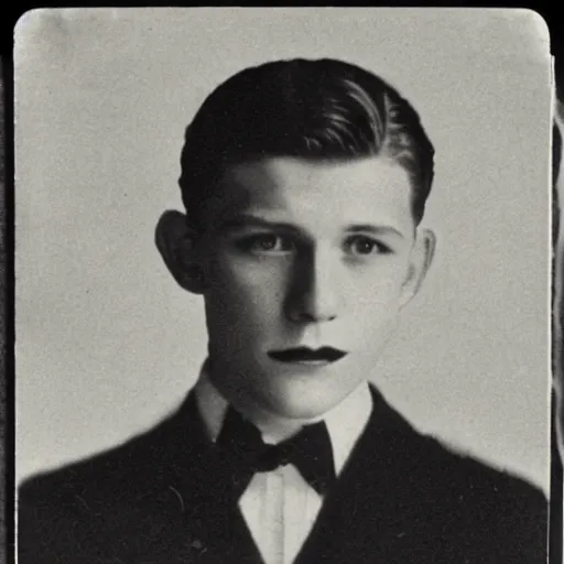 Image similar to headshot photograph of tom holland, 1 9 2 0 s, realistic face, 1 9 1 0 s photography, 1 9 0 0 s, grainy, slightly blurry