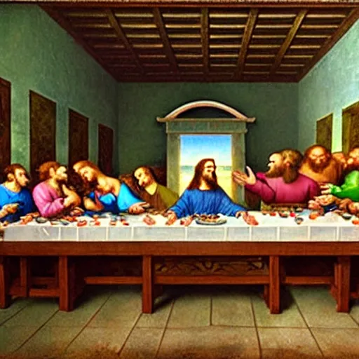 Prompt: The Last Supper but Shrek instead of Jesus by Da Vinci