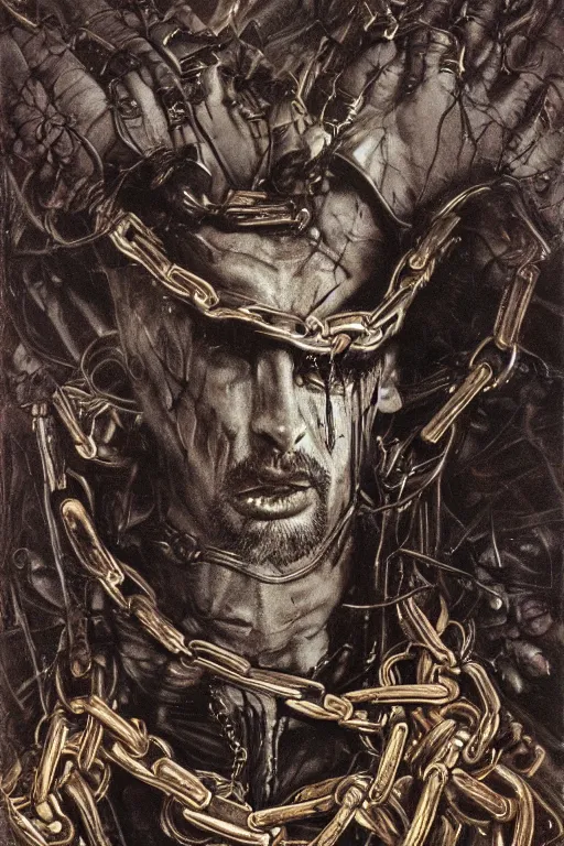 Prompt: michael gross, heavy metal magazine cover, 1 9 8 0 s, intricate leather and chains, atmospheric, realism, horror, grimy, sinister, highly detailed, high octane render, hd, anatomy, symmetrical body, symmetrical face, scary, cracked brick background, in the style of frank frazetta and moebius, peter mohrbacher and john william waterhouse