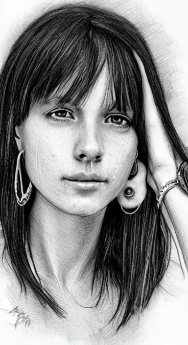 Image similar to highly detailed realistic pencil sketch portrait of a beautiful woman with short hair and bangs and freckles and nose piercing and earrings