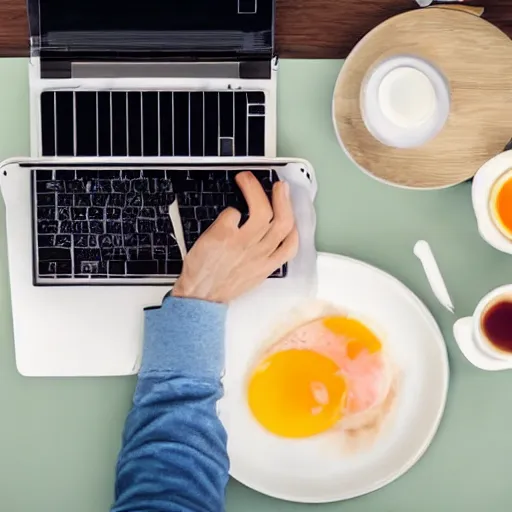 Image similar to an ultra high definition birds eye view photograph of a man typing on fried eggs