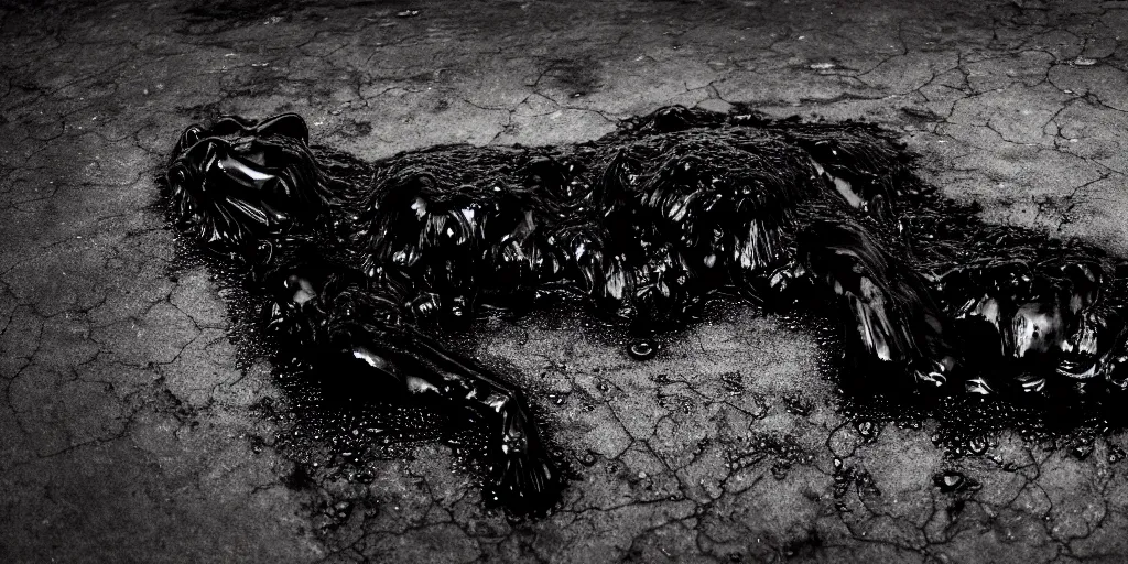 Image similar to the black lioness made of ferrofluid, laying on their back, dripping tar, drooling goo, covered in slime, sticky black goo, bathing in the pit filled with tar, dripping goo, sticky black goo. photography, dslr, reflections, black goo, rim lighting, cinematic light, tar pit, chromatic, saturated, slime