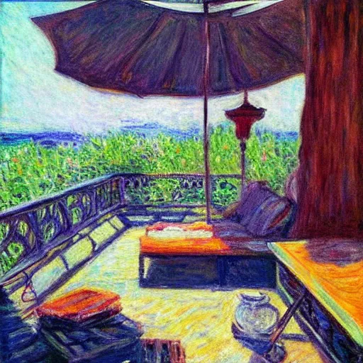 Image similar to “sunlit balcony with outdoor sofa, backgammon board, peaceful, nostalgic, in the style of Monet, desert”