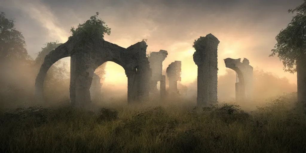Prompt: mystical ruins, volumetric lighting, sunrise, vivid, fog