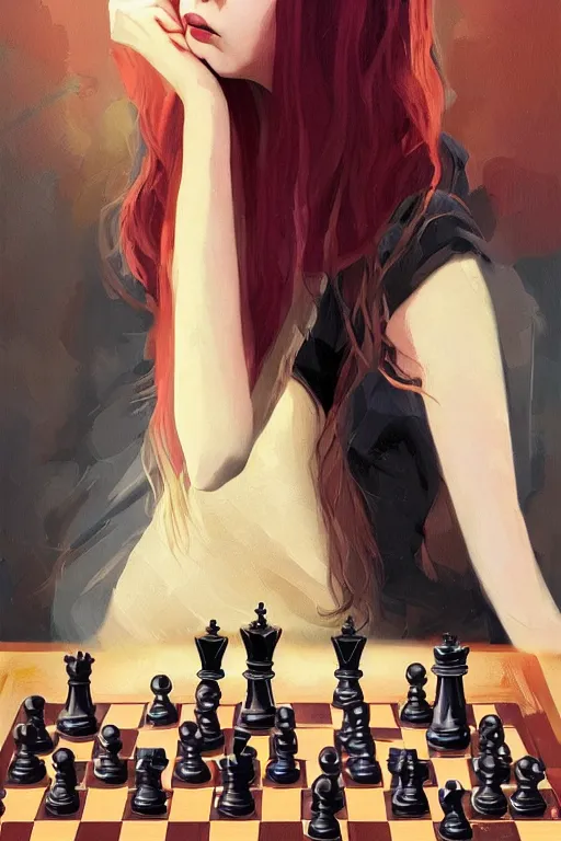 Image similar to a ultra detailed beautiful panting of anya taylor - joy, queens gambit, red hair, bangs, she is holding a chess piece in her hand, high angle shot, the background has an abstract chessboard pattern, oil painting, by ilya kuvshinov, greg rutkowski and makoto shinkai