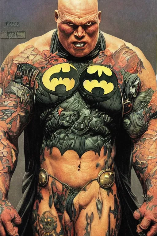 Image similar to full length portrait of hulking martyn ford as evil batman, by lawrence alma tadema and zdzislaw beksinski and norman rockwell and jack kirby and tom lovell and greg staples and michael alford