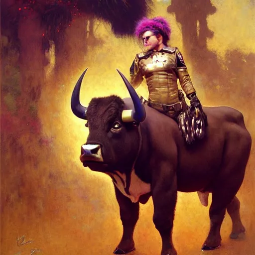 Image similar to portrait of a female furry bull cow in a police uniform. shadowrun furaffiniy cyberpunk fantasy highly detailed painting by gaston bussiere craig mullins jc leyendecker gustav klimt artgerm greg rutkowski john berkey, bergey, craig mullins, ruan jia, raymond swanland, jeremy mann, tom lovell, alex malveda