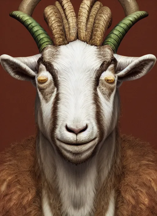 Image similar to anthropomorphic portrait of half goat will smith, au naturel, hyper detailed, digital art, trending in artstation, cinematic lighting, studio quality, smooth render, unreal engine 5 rendered, octane rendered, art style by klimt and nixeu and ian sprigger and wlop and krenz cushart