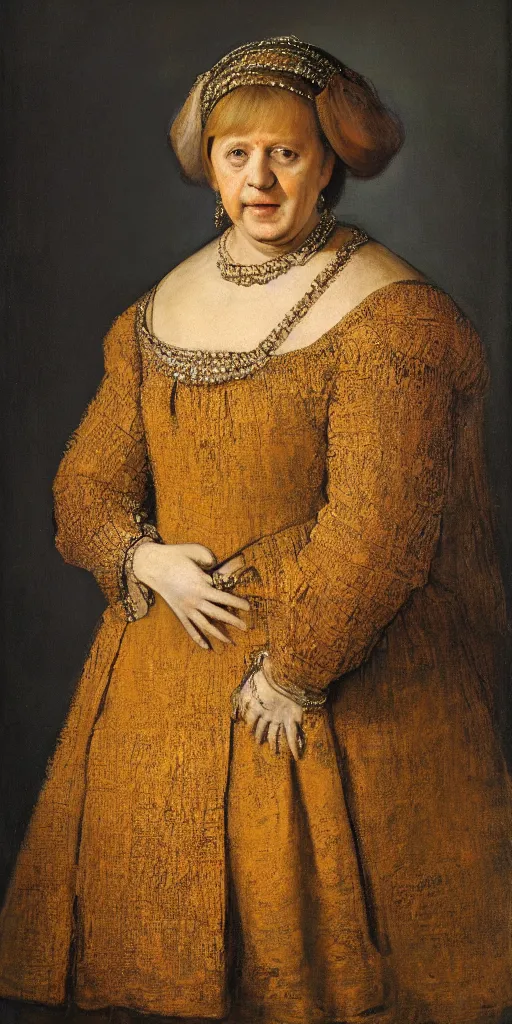 Prompt: A portrait painting of Angela Merkel by Rembrandt van Rijn