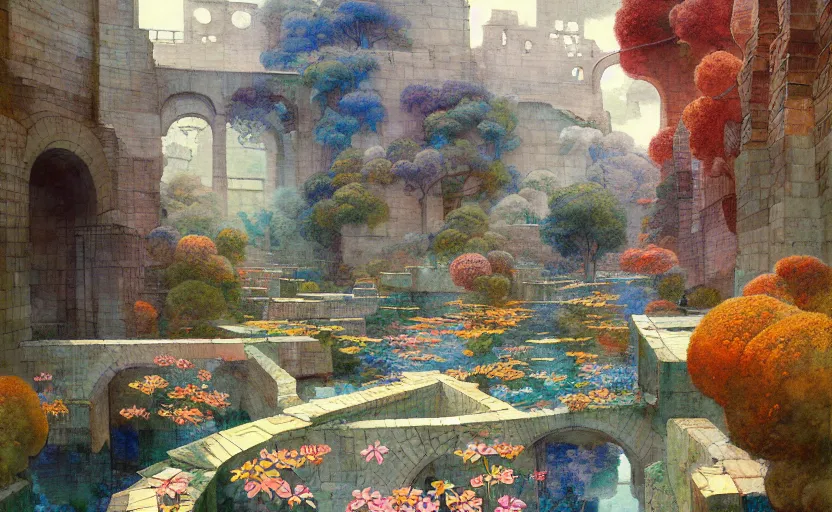 Image similar to tiled room squared waterway, aqueducts, fantasy. intricate, amazing composition, colorful watercolor, by ruan jia, by maxfield parrish, by marc simonetti, by hikari shimoda, by robert hubert, by zhang kechun, illustration, gloomy