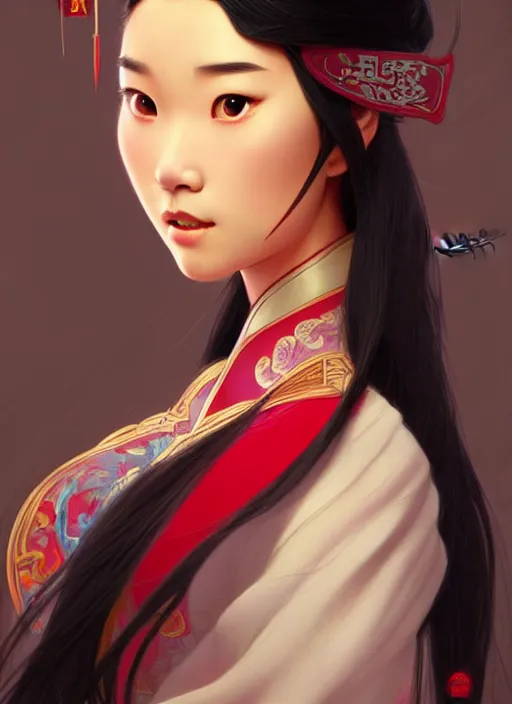 Image similar to portrait of disney mulan, intricate, elegant, highly detailed, my rendition, digital painting, artstation, concept art, smooth, sharp focus, illustration, art by artgerm and greg rutkowski and alphonse mucha and uang guangjian and gil elvgren and sachin teng, symmetry!!