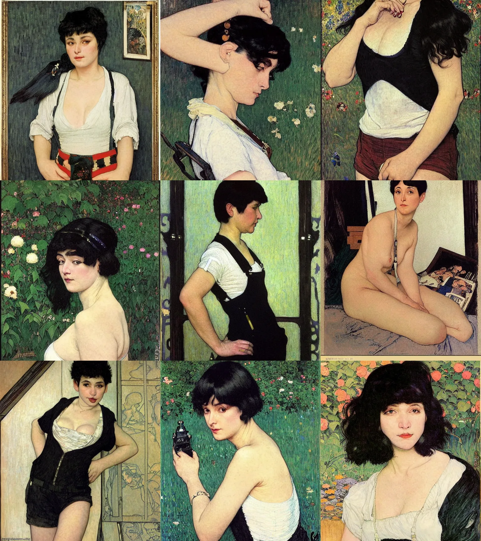 Prompt: a woman with black hair and long pixie haircut in shorts with suspenders and white t-shirt drawn by moebius, gustave caillebotte, Alexandre Cabanel, norman rockwell, dominique ingres, maler collier, peter paul rubens, alphonse mucha, gustav klimt 4k, unreal 5, DAZ, french noveau, trending on artstation, octane render, hyperrealistic