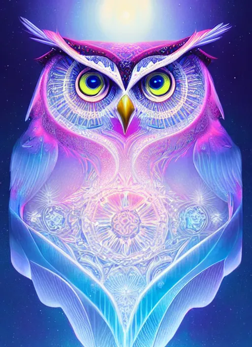 Image similar to symmetry!! product render poster vivid colors divine proportion owl, ice and snow, glowing fog intricate, elegant, highly detailed, digital painting, artstation, concept art, smooth, sharp focus, illustration,