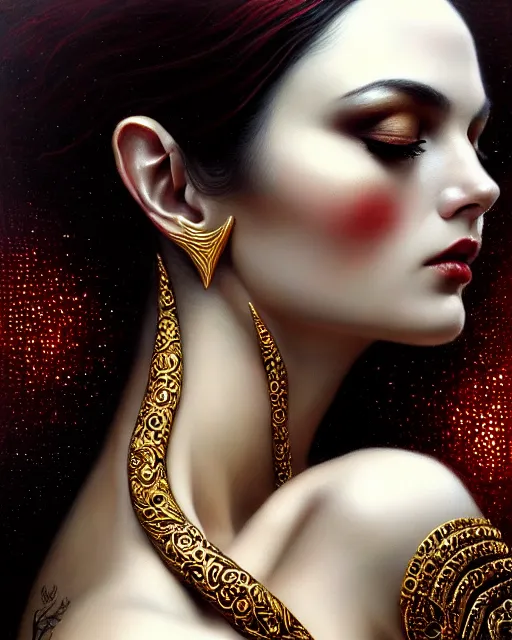 Image similar to portrait of a beautiful goddess, enigmatic beauty, dominant shades of black, gold silver, dark red, white, head in focus, fantasy art, ornamental aesthetics, intricate, elegant, highly detailed, hyperrealistic, artstation, concept art, soft illumination, painterly, sharp focus, art by karol bak